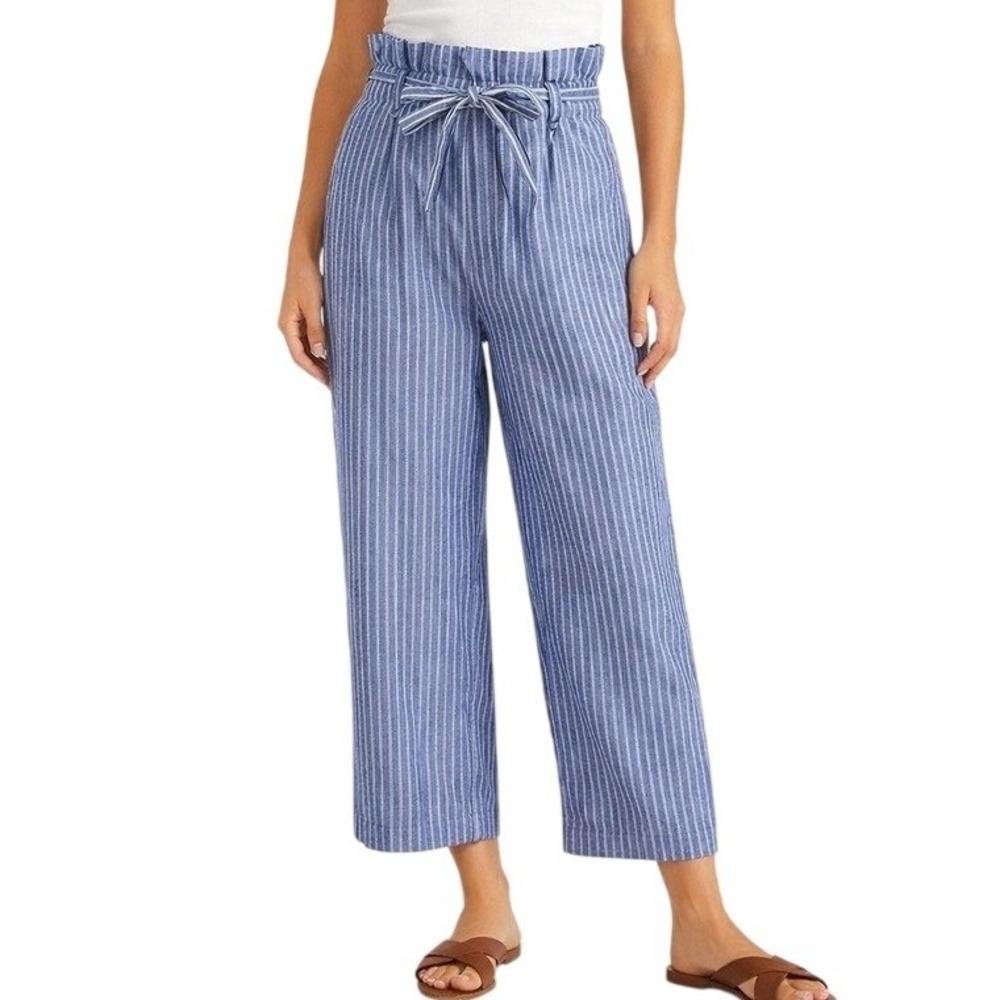 A New Day Striped Paperbag Waist Pants Blue White Womens 4 High Rise Consign